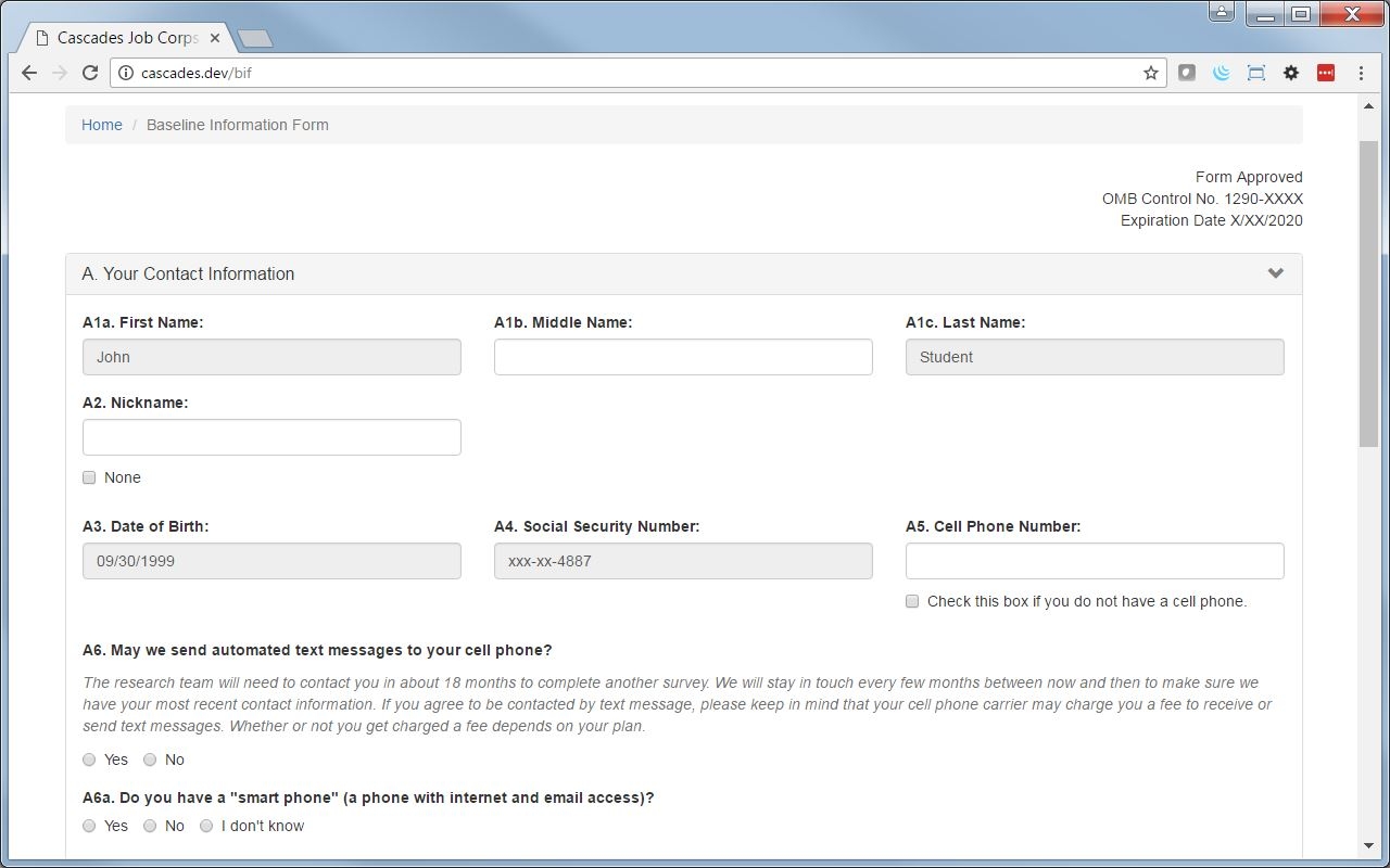 Baseline Information Form Screenshots OMB 1290 0012