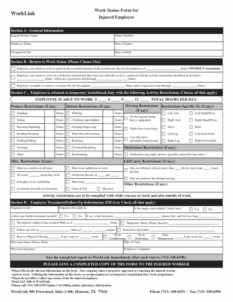 Memorial Hermann Return To Work Form Fill Edit Printable PDF Forms Online
