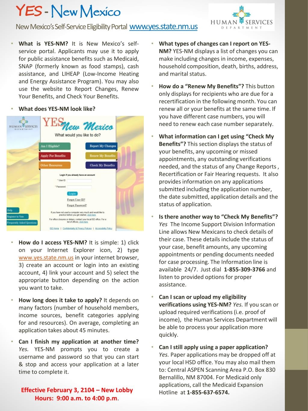 PPT YES New Mexico New Mexico s Self Service Eligibility Portal Www yes state nm us PowerPoint Presentation ID 1646036