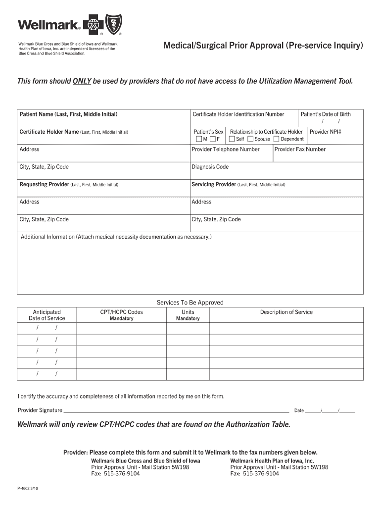 Wellmark Medical Surgical Prior Approval Fill Out Sign Online DocHub
