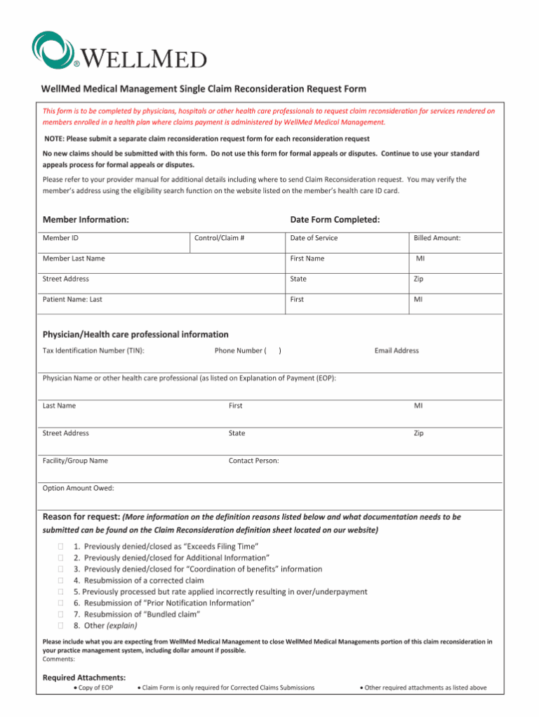 Wellmed Single Claim Reconsideration Request Fill Online Printable Fillable Blank PdfFiller